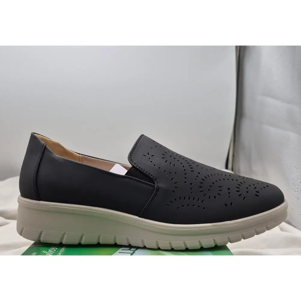 NEW Easy Street Ying Black Perforated Leather Comfort Wedge Slip On Sneaker 11_2